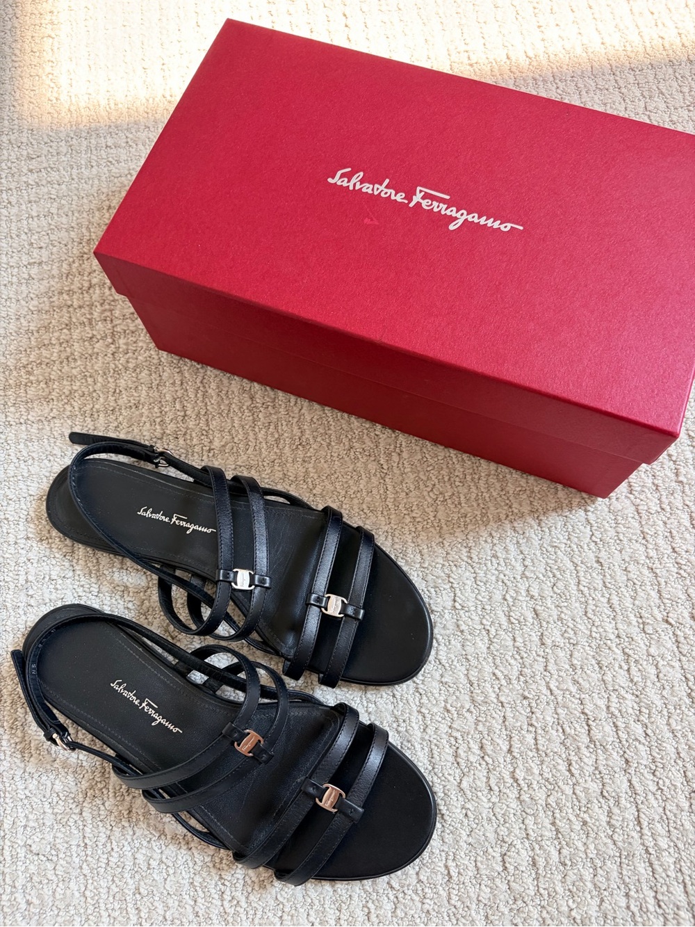 Salvatore Ferragamo Black Leather Triple-Strap Sandals with Silver Gancini